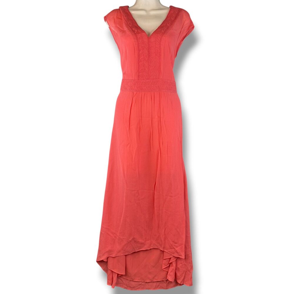 Lucky Brand Coral Maxi High To Low Short Sleeve Boho Dress Hippie Flowy Size M